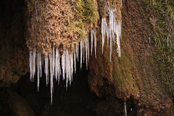 Eiszapfen beim Dreimühlen-Wasserfall in der Kalkeifel