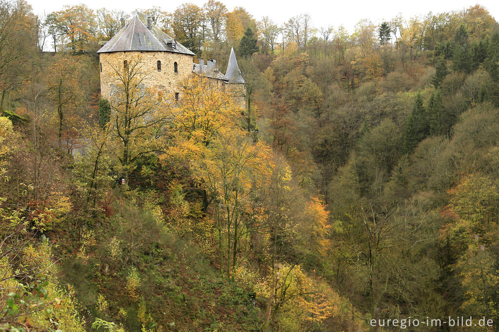 Detailansicht von Burg Reinhardstein (Château de Reinhardstein) und das Tal der Warche