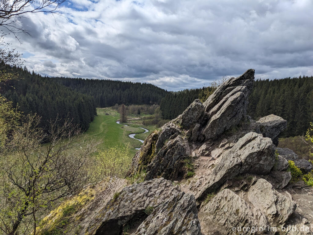 Detailansicht von Der Bieley-Felsen mit Blick aufs Perlenbachtal