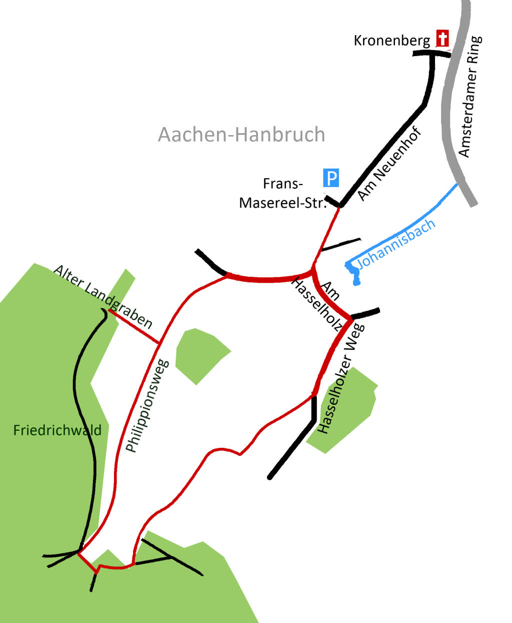 Detailansicht von Wanderkarte für einen Rundweg bei Aachen-Hanbruch am Rand des Friedrichswalds